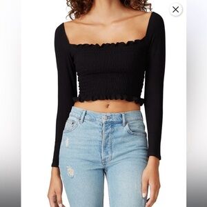 reformation Black Cropped Ruched Long Sleeve Crop Top